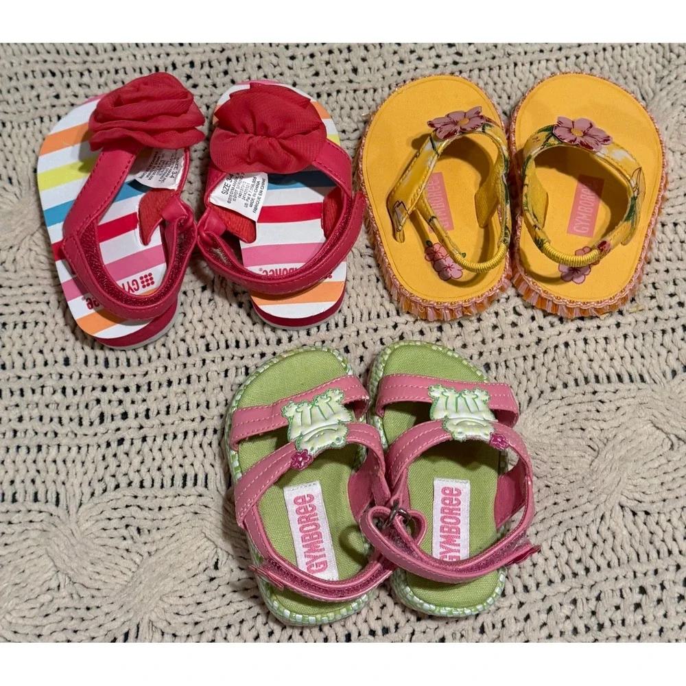 Gymboree Baby Girls Sandals Lot 3 Pairs Size 4 Frog Floral Rainbow Rosette